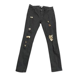 Judy Blue Black Distressed Leopard Patch Skinny Jeans Women's Size‎ 15/32